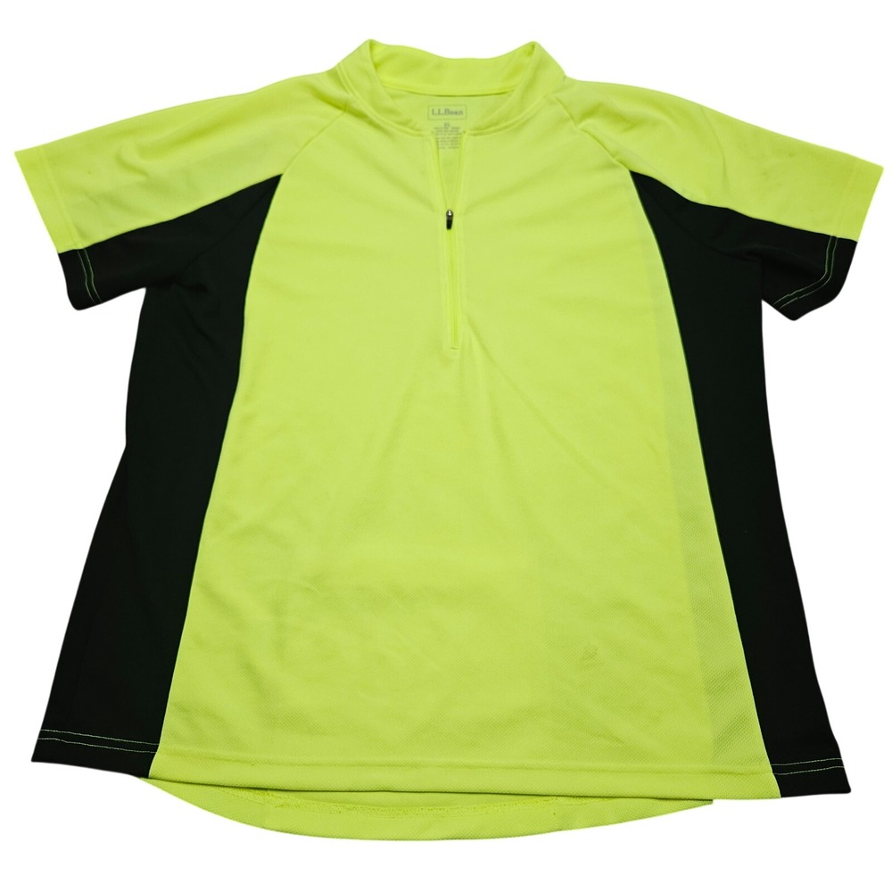 LL Bean Cycling Jersey Womens XL Neon Yellow Black Quarter Zip Short Sleeve Bike